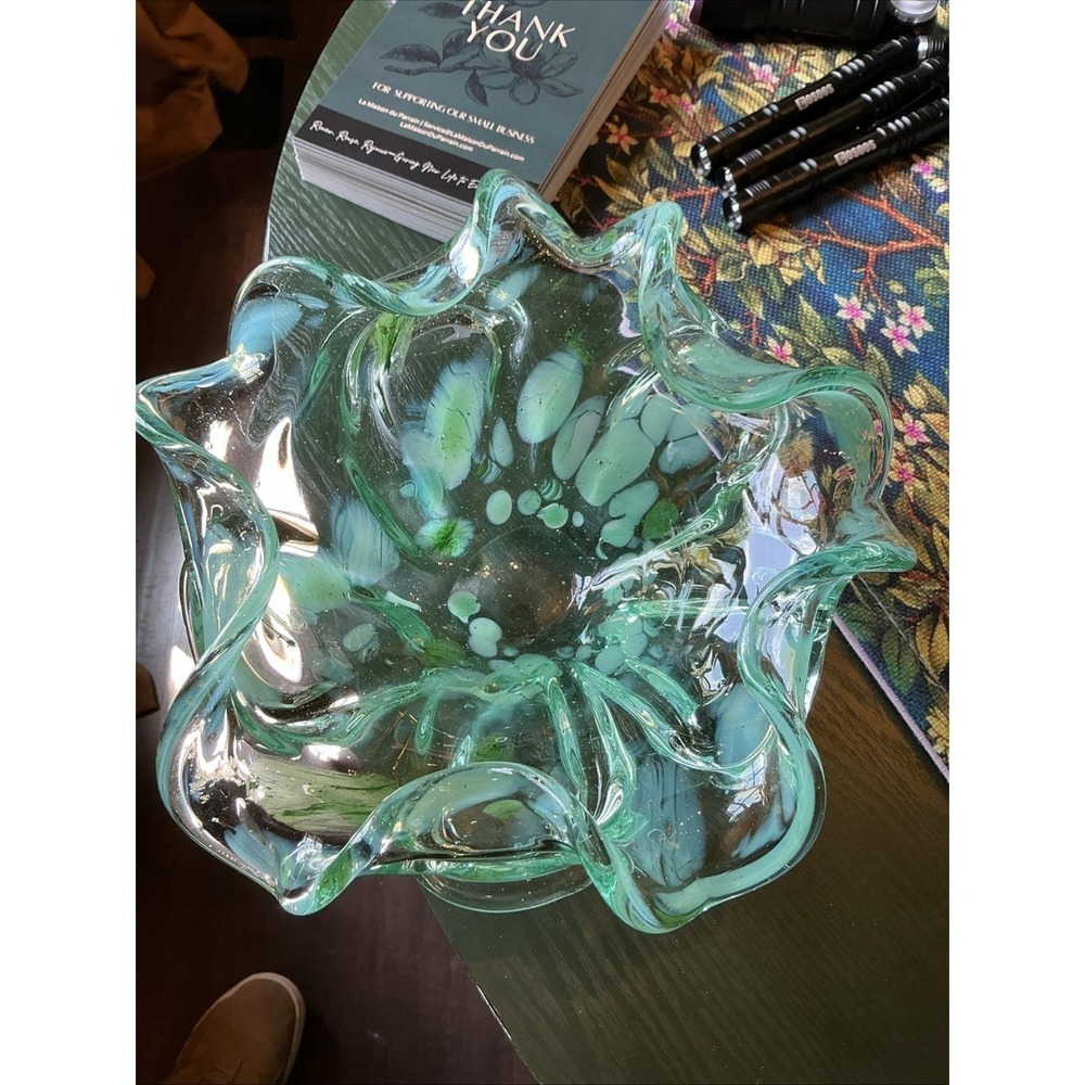 Vintage Unique Murano Handblown 9"  Seafoam Green Double Ruffled Art Glass Bowl